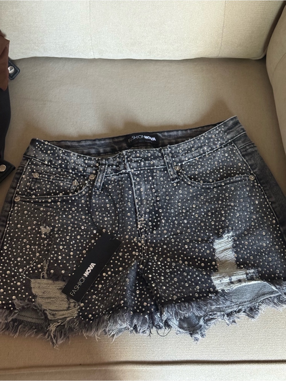 Fashion Nova Grey Studded Distressed Denim Shorts